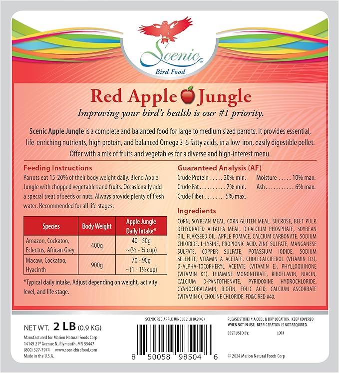 Scenic Apple Jungle Premium Parrot Food - Apple, Natural Flavors, High Protein, Low Iron Bird Pellets for Large Parrots, Macaw Food, Cockatoo & African Grey Parrots, Omega 3, Vitamins, Minerals, 2 LB