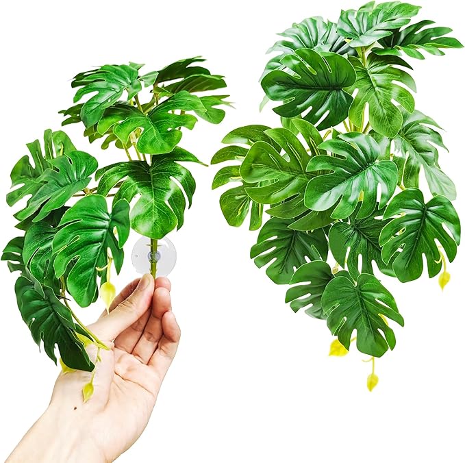 Woyrise Reptile Plants for Terrarium, Artificial Hanging Plants with Suction Cups, Amphibian Tank Habitat Decor Plastic Plant for Bearded Dragons Lizards Snake Geckos Frogs - 2Pack Fake Monstera