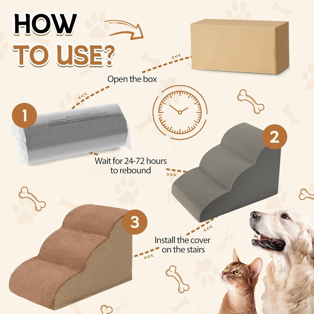 Romrol Dog Stairs Ramp for High Beds Couches, High Density Foam Pet Steps with Durable Non-Slip Waterproof Fabric Cover, Dog Stairs for Small Dogs or Cats or Pets, 3-Step,15 Inch,Light Brown
