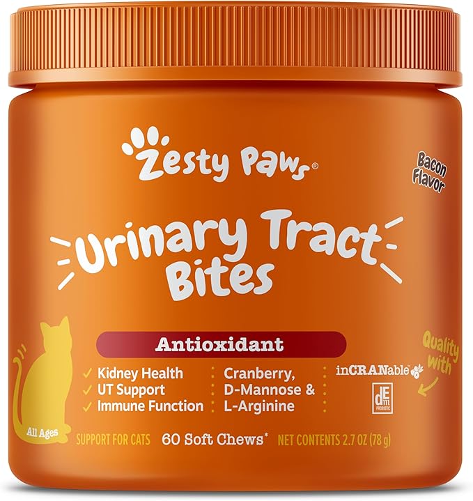 Zesty Paws Cranberry Urinary Tract Bites for Cats - Kidney & Urinary Tract Health - Soft Chews with D-Mannose, Vitamin B6 & L-Arginine - Immune & Gut Support - Bacon - 60 Count