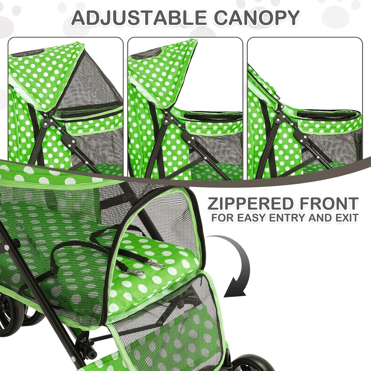 MoNiBloom 4 Wheels Pet Stroller, Easy-Fold Umbrella Shaped Dog Cat Jogger Stroller w/Storage Bag & Visible Mesh for Small/Medium Dogs Cats Lawn Green Polka Dots
