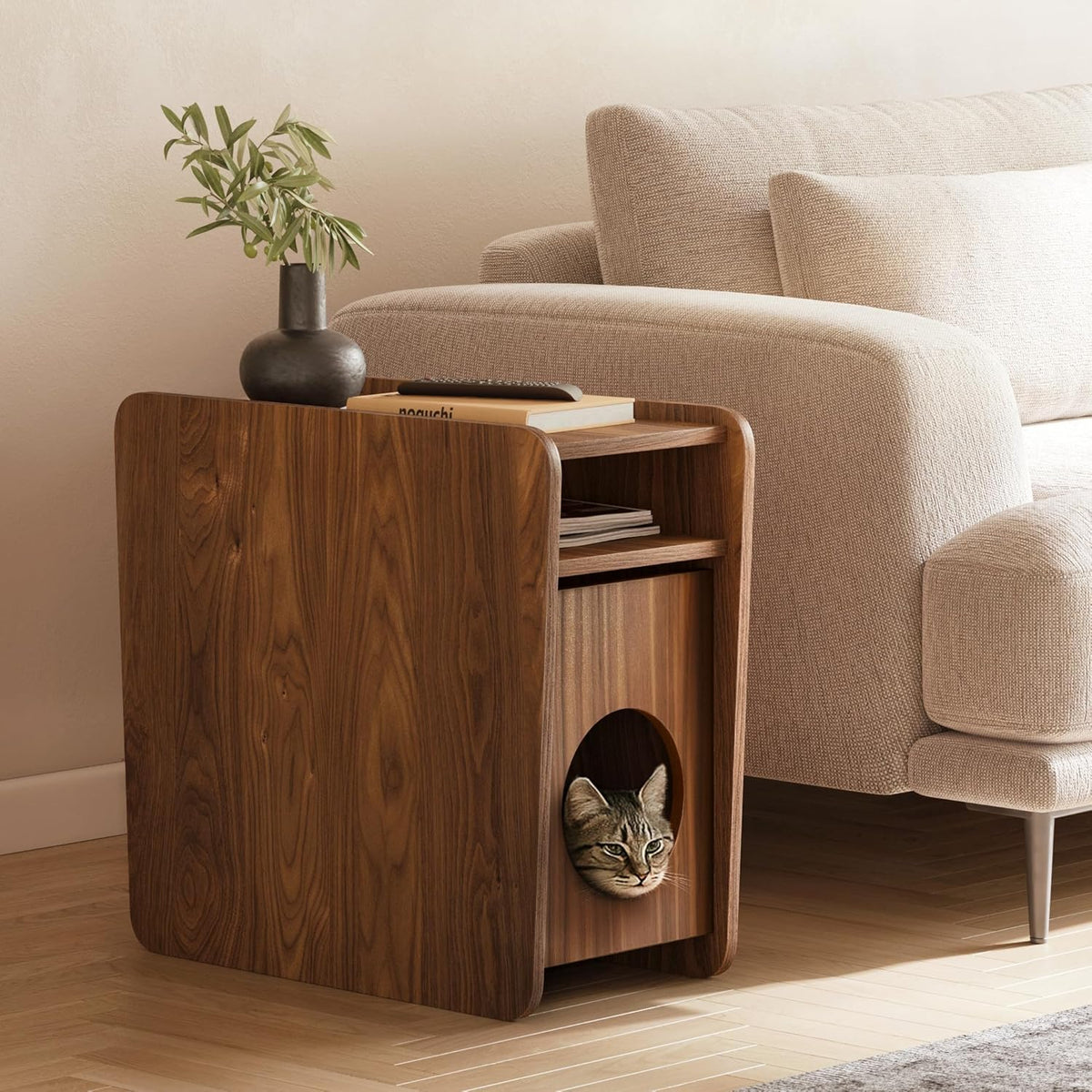 WERMO 12'' Narrow End Table for Living Room - Small Side Table with Shelf, Magazine Holder and Storage Doubling as Cat Hideaway for Couch, Chair and Bedside. Wood Night Stand for Bedroom (Walnut)