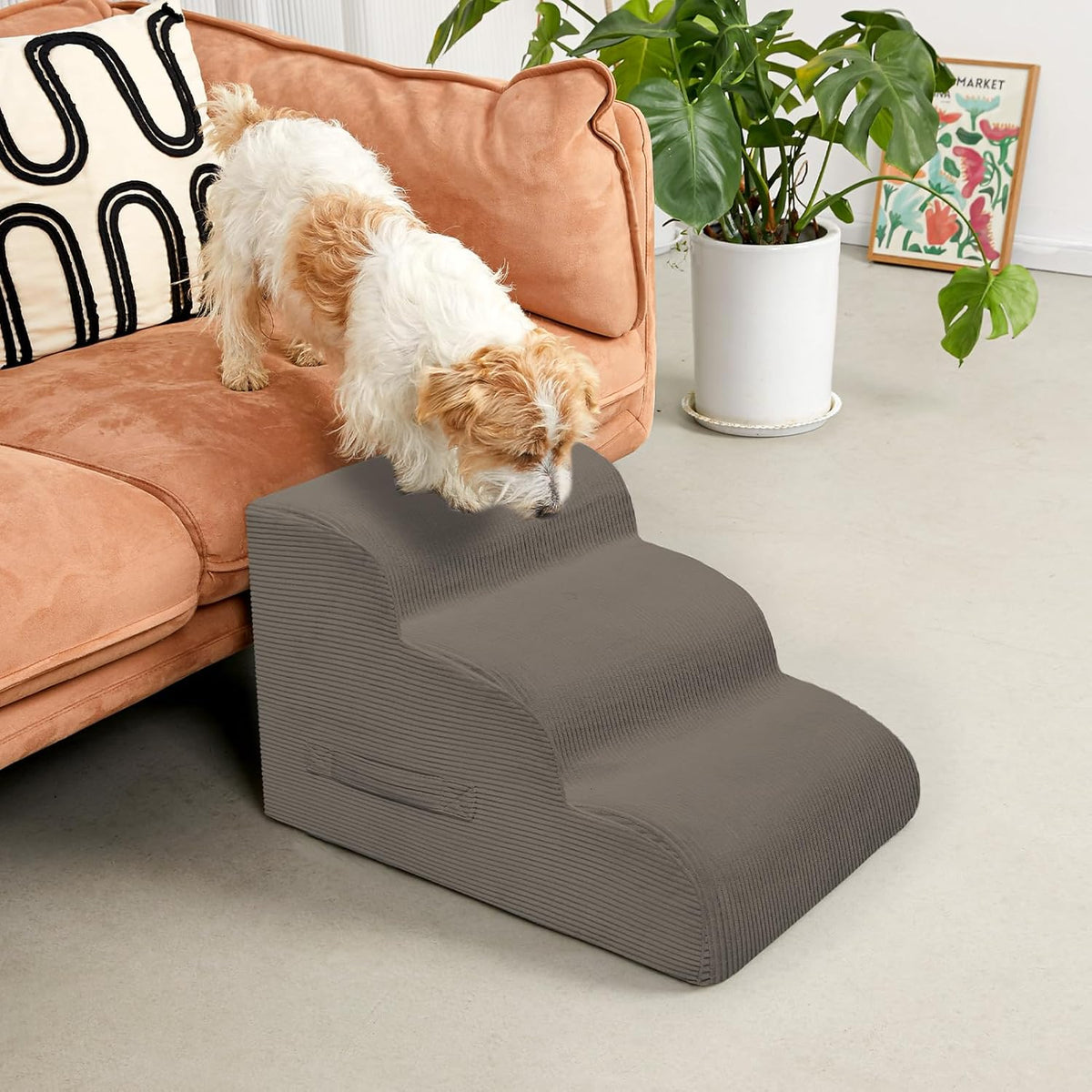 Dog Steps for Small Dogs, 3-Step Pet Ramp Stairs for High Beds and Sofa, Non-Slip Pet Stairs for Small Dogs and Cats, Removable and Easy to Clean Cover, Light Brown