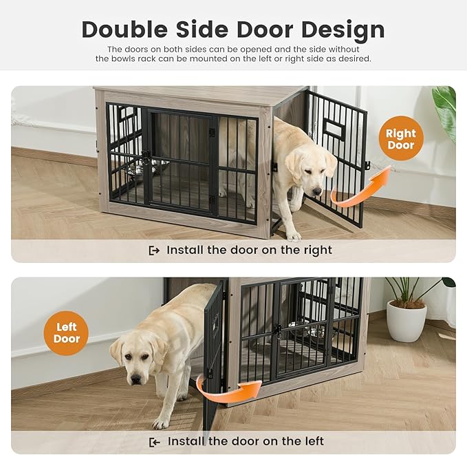 Gardner Pet Dog Crate Furniture for Medium Dogs, 32.7 Inch Dog Kennel Indoor, Wooden Dog Cage End Table with 2 Removable Bowls, Heavy Duty Dog Crate, Rustic Grey
