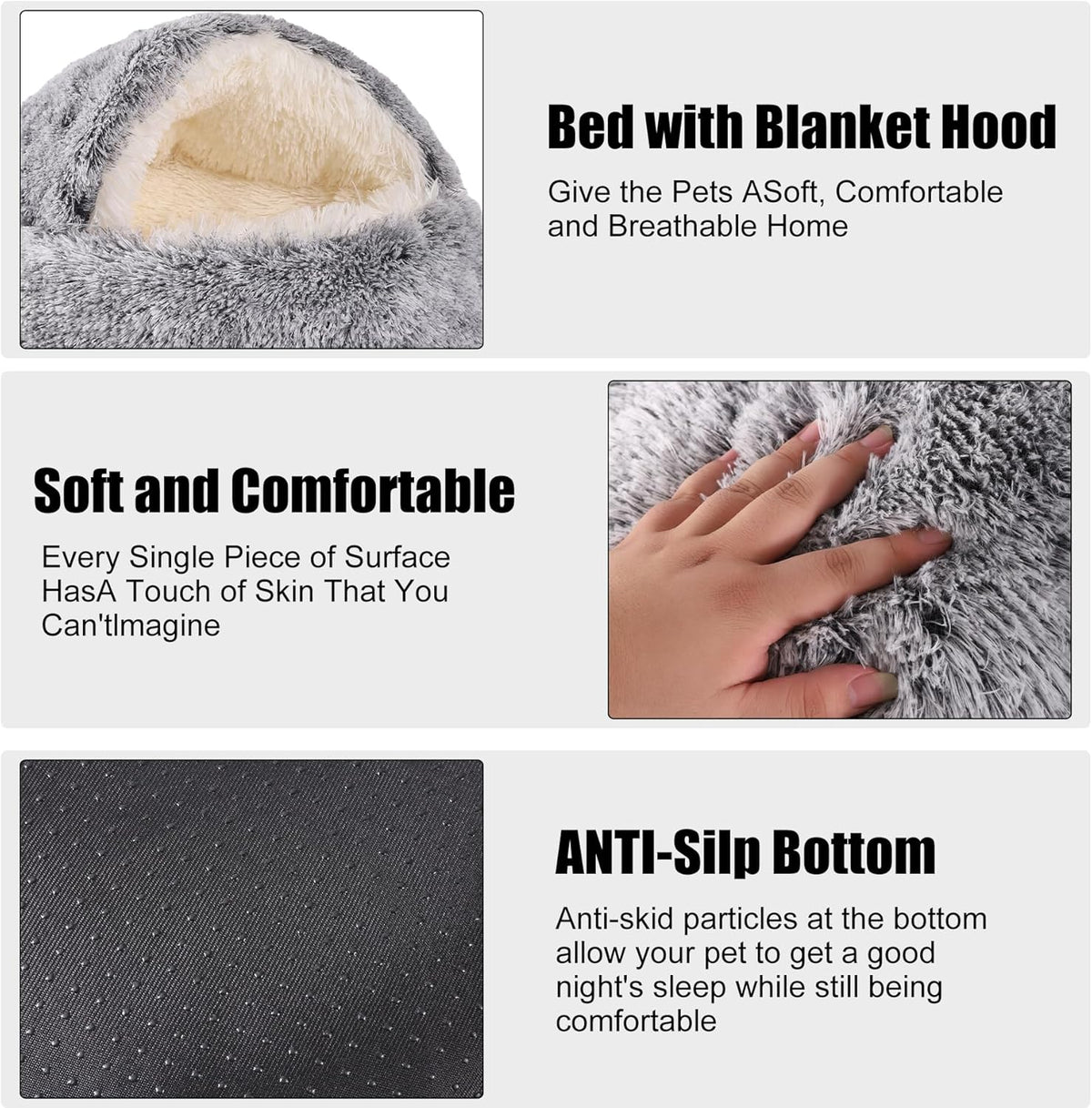 HYQ Small Dog Bed, Cat Beds for Indoor Cats Washable, Cozy Cat Cave Bed, Non-Slip Cat Beds, Calming Dog Bed with Hooded Cover, Dog Bed with Cover for Small Medium Pets (Grey, 24×24 Inch)