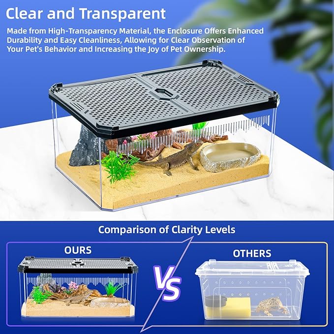High-Transparency Reptile & Insect Enclosure Terrarium with Magnetic Door, Excellent Ventilation, Easy Cleaning, and Strong, Long-Lasting Build for Gecko, Tarantula, Hermit Crab (12x8.1x5.3 Inch)