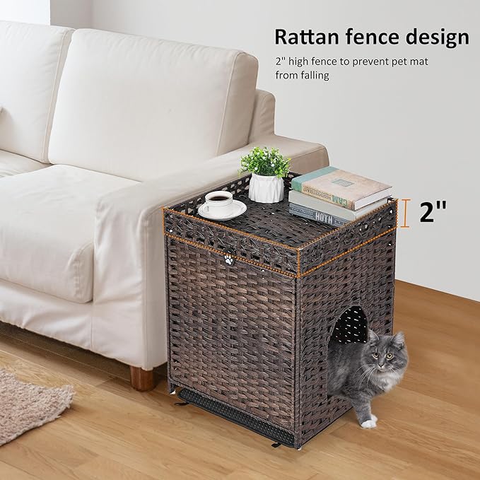 Cat Litter Box Enclosure with Soft Litter Mat; Hidden Cat Washroom Furniture with Door; Handwoven Rattan Cat House; Pet Crate for Living Room, Bedroom, Balcony (Brown)