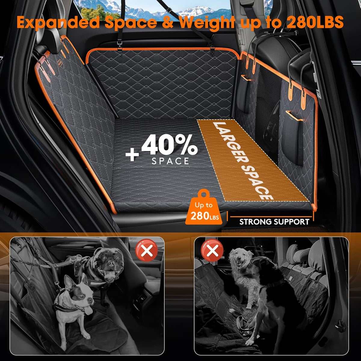 MIXJOY Back Seat Extender for Dogs, Hard Bottom Dog Car Seat Cover for Back Seat Protector, Waterproof Dogs Backseat Cover for Car, Foldable Dog Hammock for Car Travel Accessories, Black