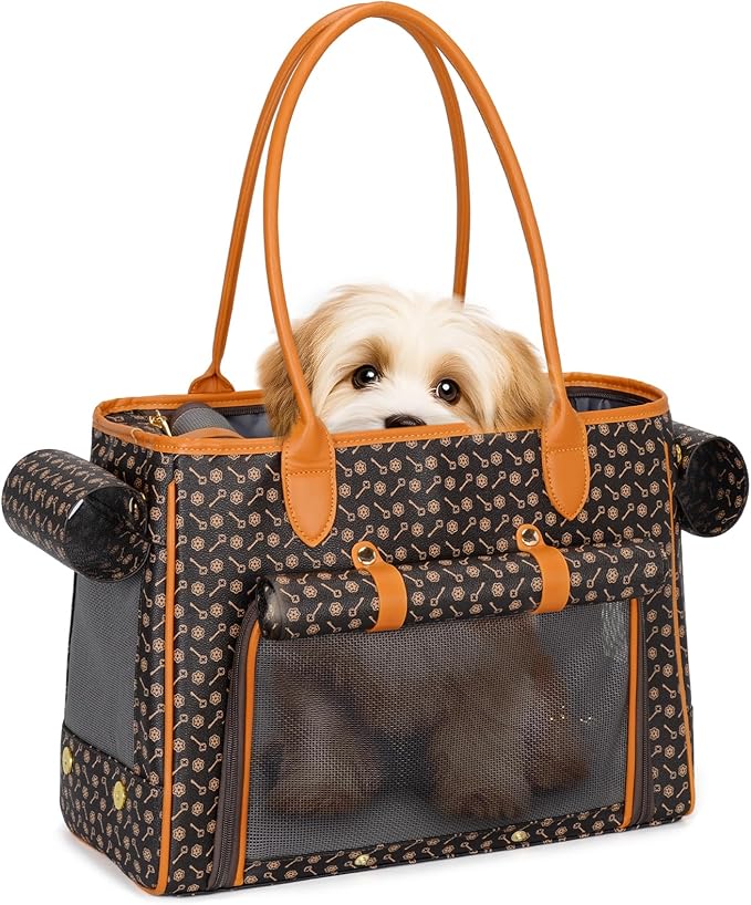 Minsong Fashion Pet Carrier Purse for Small Cat and Dog, Luxury Pu Soft-Sided Tote Bag with Large Pockets for Dogs and Puppies (Coffee, 15.8" L x 7.5" W x 11.8" H)