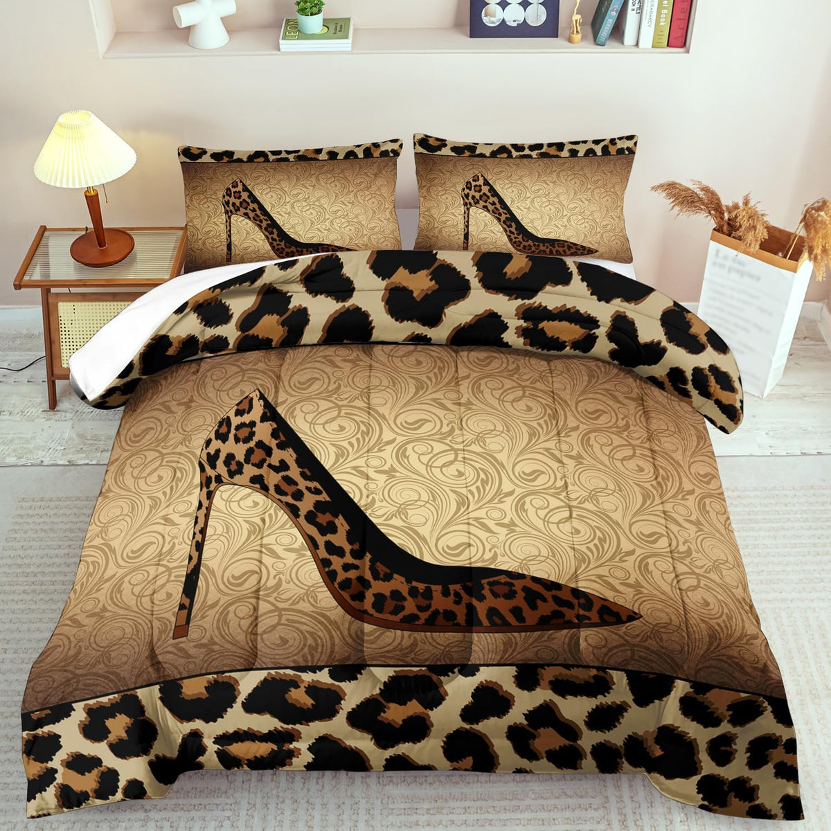 Leopard Comforter Set Full Girls,Sexy High Heel Comforter for Women,Leopard Print Bedding Set Full Adult,High Heel Quilt Bedroom Decor,African Animal Print Bedding Quilt