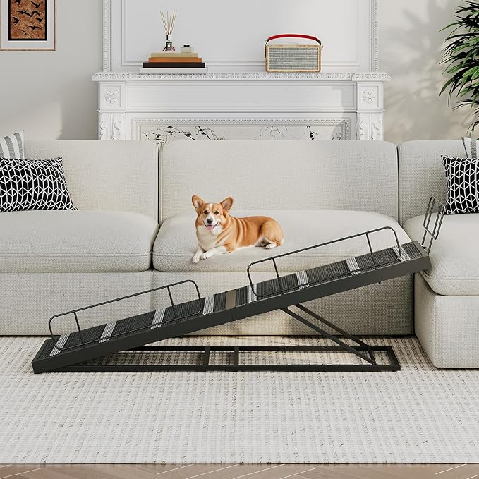 HOOBRO Dog Ramp for Bed, 63 Inch Long Dog Ramp for Couch and Bed, Pet Ramp with Non-Slip Mat and Safety Side Rails, 4 Height Adjustable up to 33 inch, for Small/Large/Old Dogs, Black BK16PT03