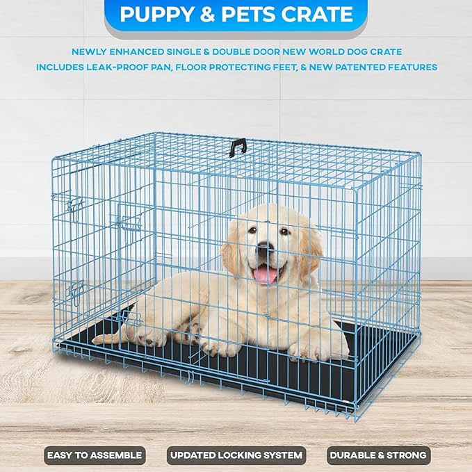 FDW Dog Crate for Medium Dogs 30 Inch Folding Metal WirePet Cage Double Door W/Divider Panel Indoor Outdoor Kennel Leak-Proof Plastic Tray,Blue