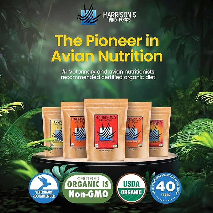 Harrison's Bird Foods High Potency Coarse—Maximum Nutritional Formula for Small to Medium Birds, Certified Organic Non-GMO Pet Bird Food, Vet-Developed, Suitable for All Life Stages, 454 g/ 1 lb