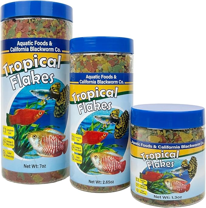 Aquatic Foods Inc. Premium Tropical Fish Flakes, for Angel Fish, Guppies, Live Bearers, Loaches, Gouramis, Cichlids, All Tropical Fish. 12-Type pellets and 4-Type Wafers Included..7.0oz Canister