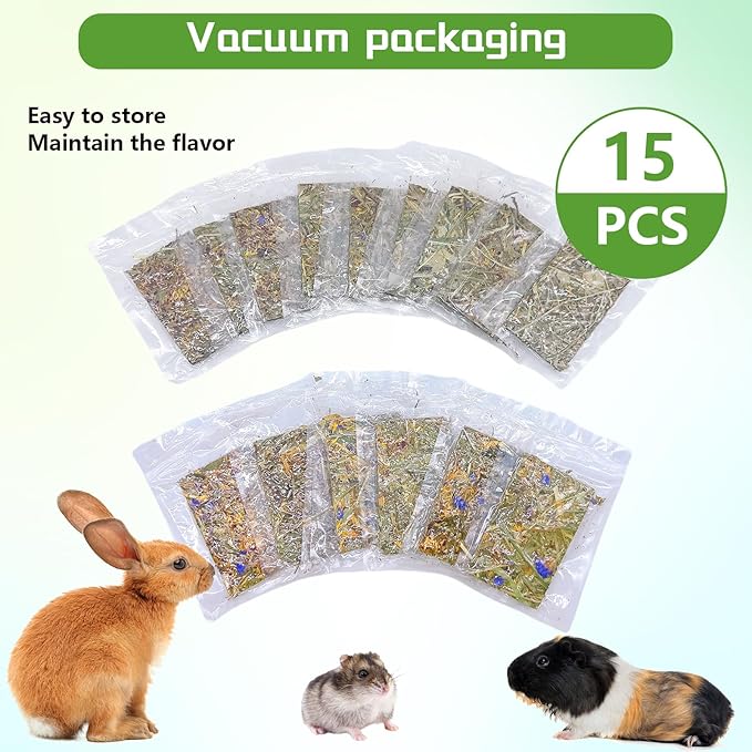 Hamiledyi Rabbit Chew Toys 15 Pieces Natural Timothy Hay Chips Chew Treats with Herbal Floral Scent for Rabbit Guinea Pig Hamster Chinchilla