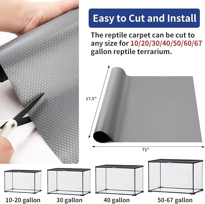 Reptile Carpet, Bearded Dragon Tank Accessories, Terrarium Liner Bedding, Non-Adhesive Terrarium Carpet for Bearded Dragon, Leopard Gecko, Snake, Lizard, Tortoise, Iguana Reptile Tank Grey(18"x72")
