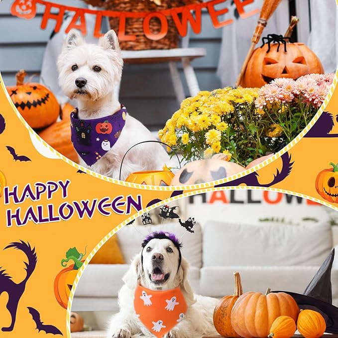 Abbylike 50 Pcs Halloween Dog Bandanas Bulk Pumpkin Bandanas for Dogs Triangle Kerchief Bibs Scarf Set for Pet Halloween Costume Photo Props Accessories Pet Shops, 25 Styles (25.6 x 17.7 x 17.7")