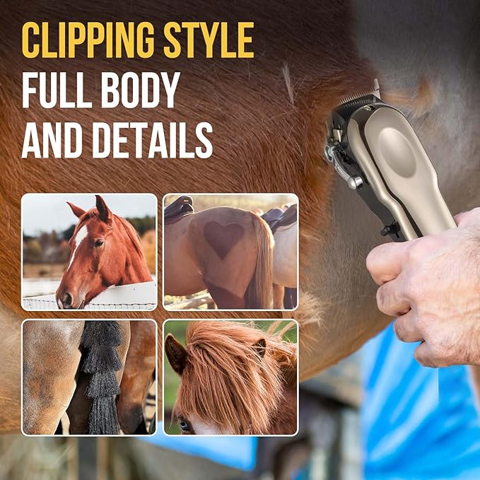 Horse Clippers Cordless Quiet, Professional Livestock Clippers with 4 Guide Guards, Electric Rechargeable Cordless Grooming Clippers for Horse, Cats and Dogs