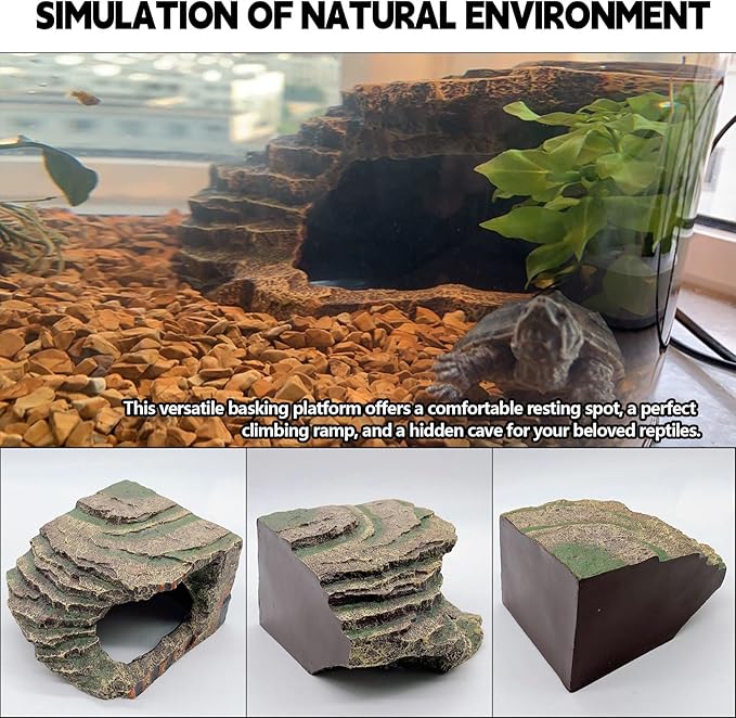 kathson Turtles Basking Platform Tortoise Resting Terrace Climbing Ramp Resin Dock Tank Decorations Reptile Hiding Cave Hideouts for Aquatic Turtles, Frog, Newts and Salamanders,Small