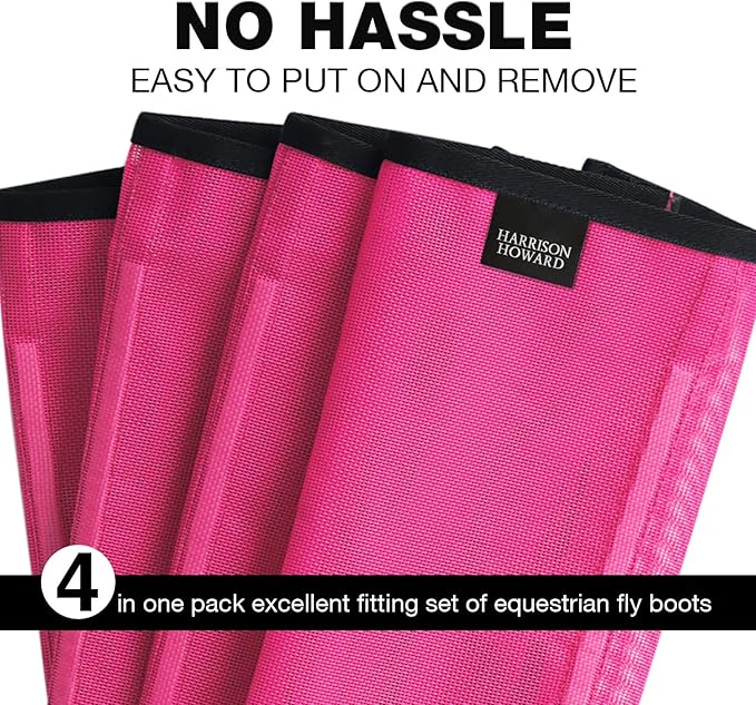 Harrison Howard Loose Fitting Fly Boots UV-Protective Extra Tough Mesh Ventilated Four Fasteners Stay-on Design Protect Horse Legs & Stomp-Reducing Set of 4 Magenta Pony