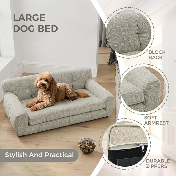 Dog Couch Bed, Mini Sofa for Dogs with Backrest and Armrest, Durable Pet Sofa with Soft Foam Cushion, Elevated Dog Couch Bed with Legs for Medium and Large Dogs, Beige