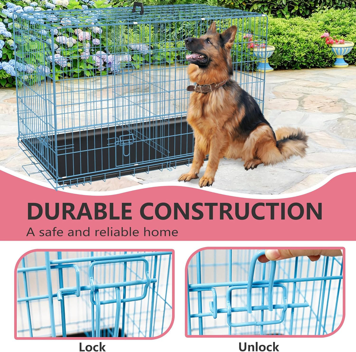 FDW Dog Crate for Large Dogs 48 Inch Folding Metal WirePet Cage Double Door W/Divider Panel Indoor Outdoor Kennel Leak-Proof Plastic Tray,Blue