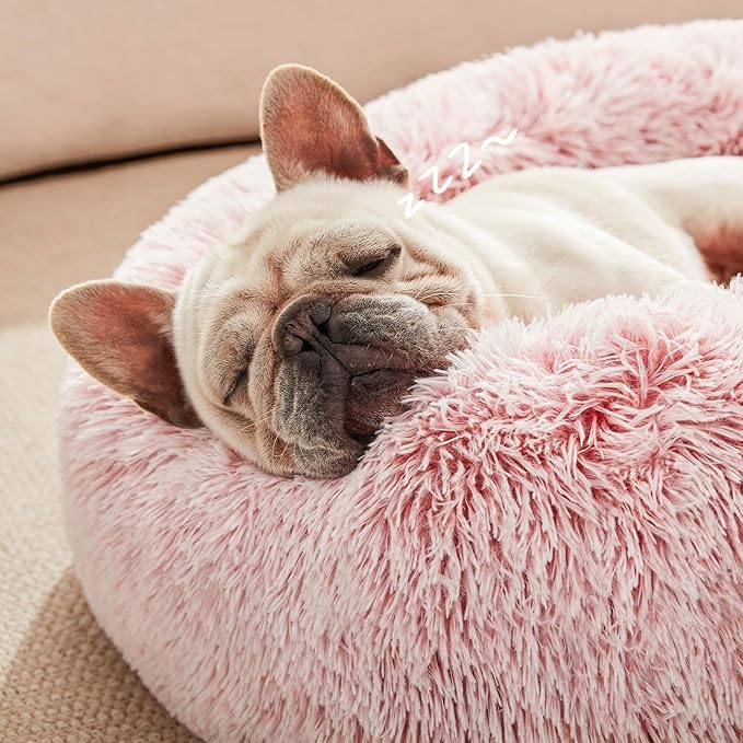 Love's cabin Calming Cat Bed for Indoor Cats, Anti-Anxiety Donut Round Dog Bed, Fluffy Faux Fur Washable Pet Bed for Small Medium Dogs and Cats,Pink,20in
