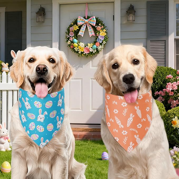 Easter Dog Bandanas XLarge 2PCS, 4 Pattern Colorful Scarf for Boy and Girl, Triangle Reversible Bibs Breed for Puppy Cats Pets