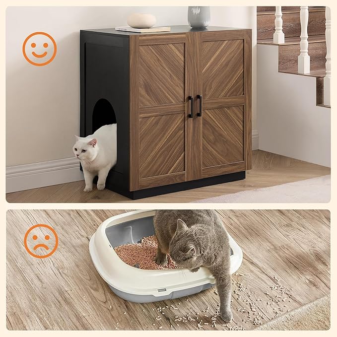 unipaws Cat Litter Box Enclosure with Shelves, Tall Hidden Litter Box Cover for Tall or Top Entry Litter Box, Kitty Enclosed Litter Box Cabinet, Cat Box Furniture, Walnut