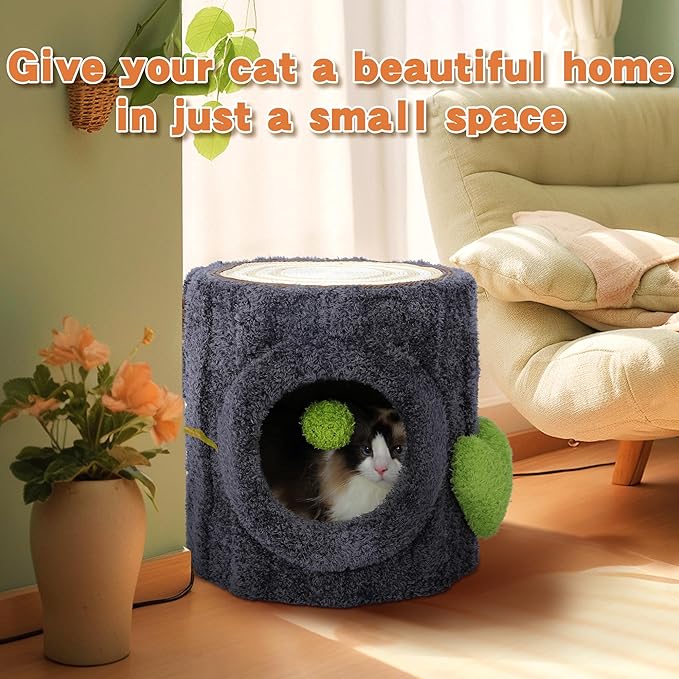 NUNU Cat Tree Tower with Scratch Table ＆ Soft Cushion, Cat Condo Tree Cave for Small Kittens, Cat House with Hanging Ball Toy for Indoor (Grey)
