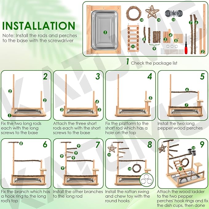 KATUMO Bird Playground - Natural Wooden Perches Parakeet Ladder Conure Swing Bird Cage Accessories with Removable Tray & 2 Stainless Steel Cups