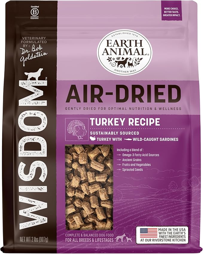 Earth Animal Wisdom Air Dried Dog Food - Turkey Recipe Premium Natural Dry Dog Food for All Breeds & Ages - 2 Lbs Bag