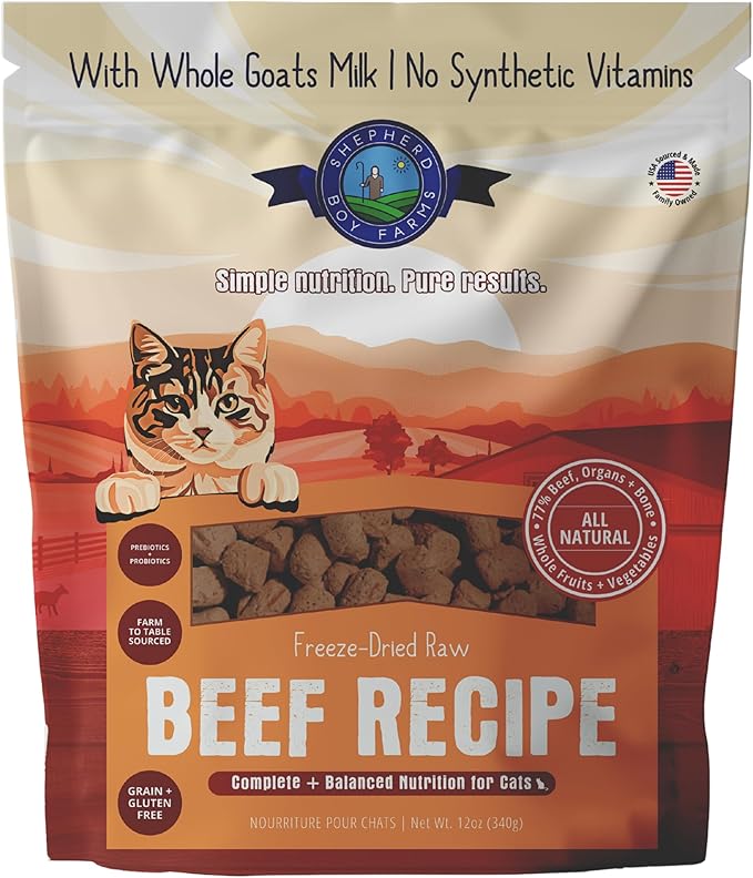 Shepherd Boy Farms Freeze-Dried Beef Cat Food – High-Protein, Grain-Free, Made with Organic Superfoods & Goat’s Milk (12oz)
