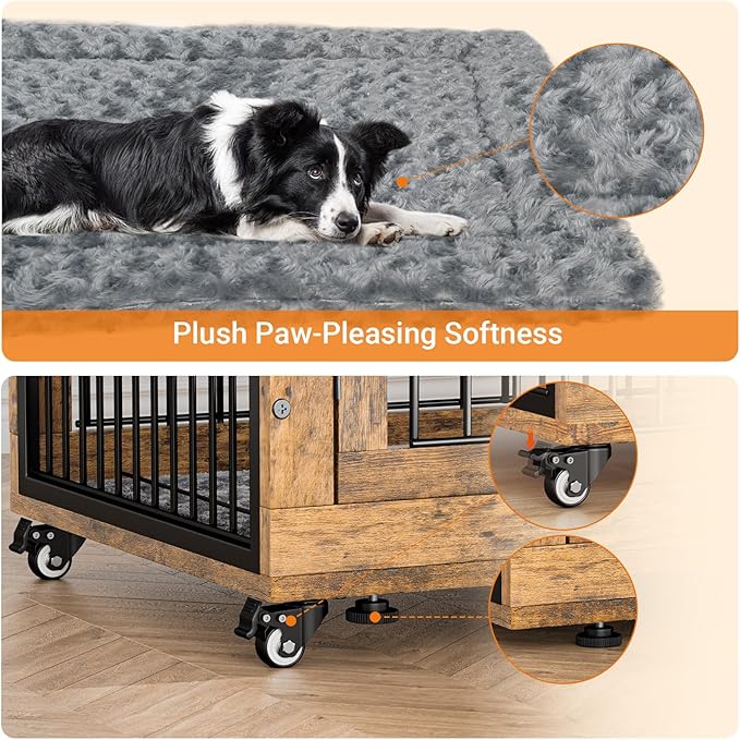 Lulive Dog Crate Furniture, Dog Kennel Indoor Double Doors Wooden Dog Cage, 38'' Heavy Duty Dog Crate with Cushion & Wheels, Decorative End Table Pet House Chew-Resistant for Large/Medium, Brown