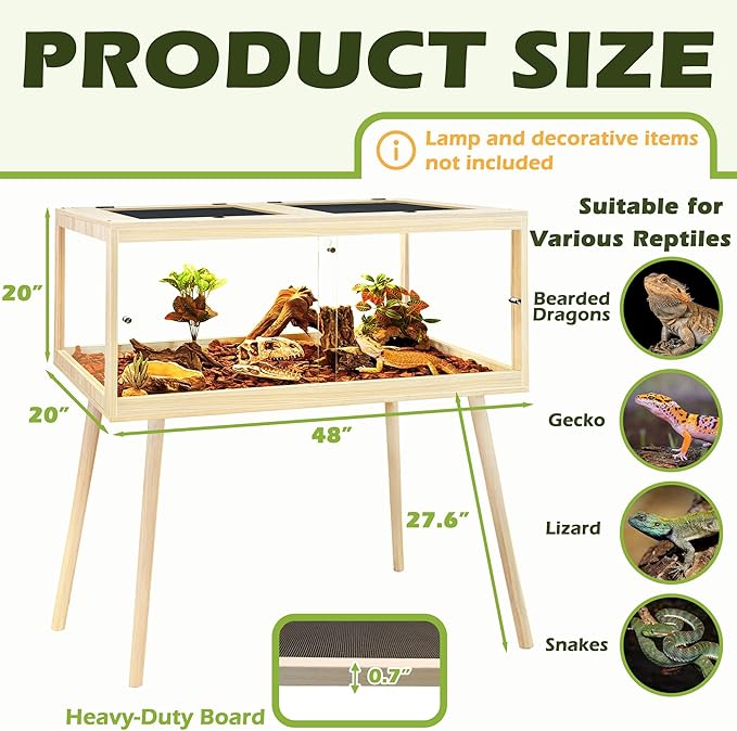 Prolee Bearded Dragon Tank with Leg Stand,Wooden Lizard Tank,Reptile Tank with Metal Mesh Roof Door, Acrylic Panel Snake Tank with Lock Design (Oak, 48"x20"x20")