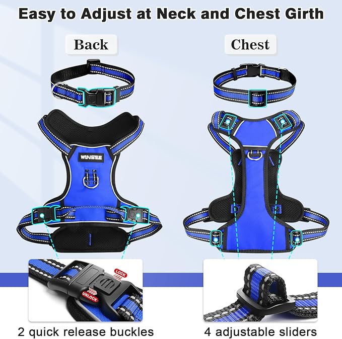 WINSEE Dog Harness No Pull, Pet Harnesses with Dog Collar, Adjustable Reflective Oxford Outdoor Vest, Front/Back Leash Clips for Small, Medium, Large, Extra Large Dogs, Easy Control Handle for Walking