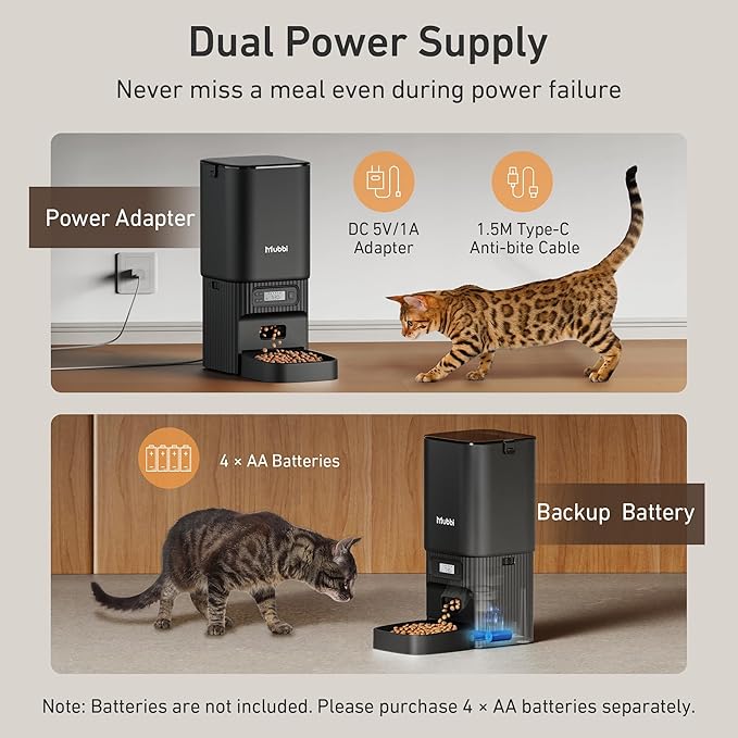 Automatic Cat Feeder, 7L/29 Cups Automatic Dog Feeder with Desiccant Bag, 1-6 Meals Ideal for 2-15mm Dry Food, Suitble for Multiple Pets, Dual Power Supply, Detachable Washable, Black