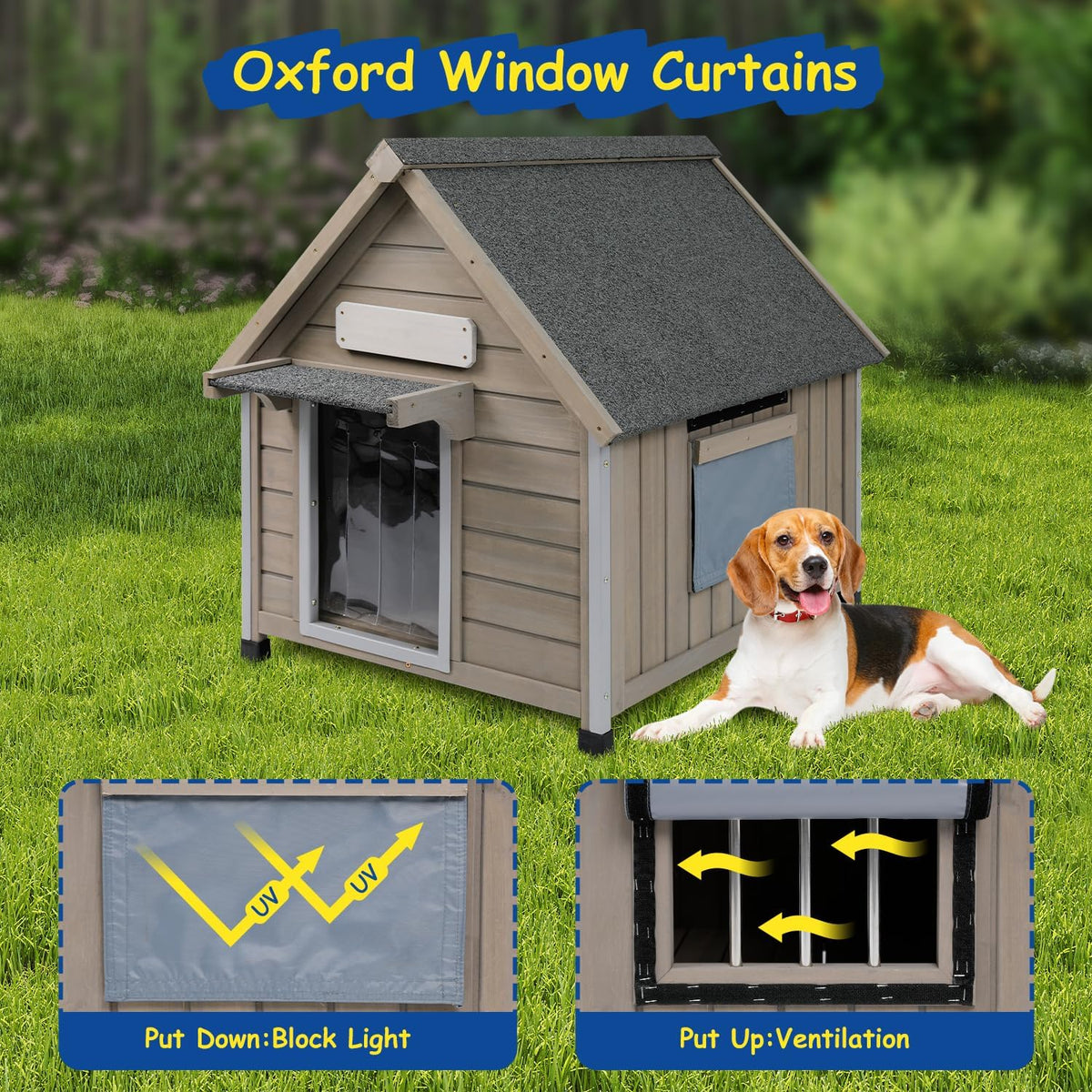 Outdoor Dog House Waterproof for Medium Small Dogs with Anti-Chewing Iron Frame, Adjustable Vent Window, Indoor & Outdoor Doghouse Kennel Puppy Shelter, Easy Clean and Assemble (26" L*31.9" W*32" H)