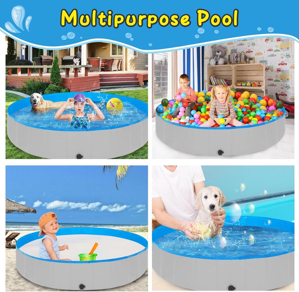 Foldable Dog Pool, 63" Kiddie Pool Hard Plastic, Portable Dog Swimming Pool for Large Dogs, Collapsible Pet Wading Pool & Bath Tub Outdoor Kids Pool Anti-Slip