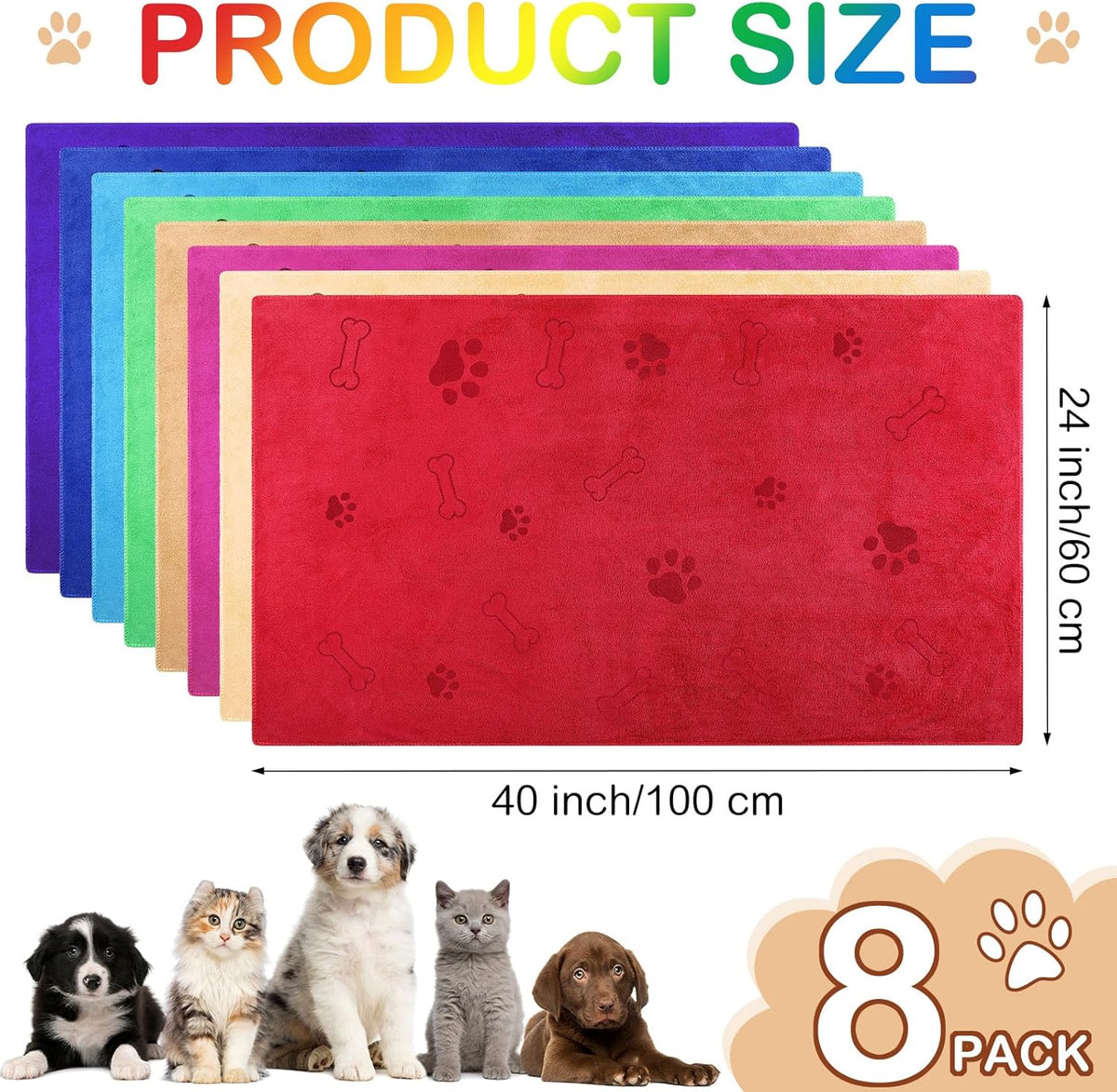 Chumia 8 Pcs Dog Towels for Drying Dogs Cats Pet Towels Bulk Puppy Microfiber Quick Drying Paw Bath Bathing Supplies Absorbent for Medium Pets(Bright Color,40 x 24 Inch)