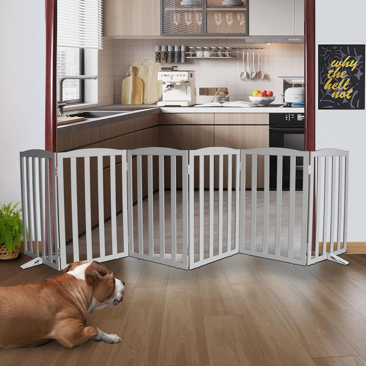 ZJSF Foldable Freestanding Indoor Dog Gate for House Wood Long Pet Gates Dog Fence for Stairs Puppy Gates for Hallways, Puppy Gate,Support Feet Included, Grey, 32 "Height-6 Panels
