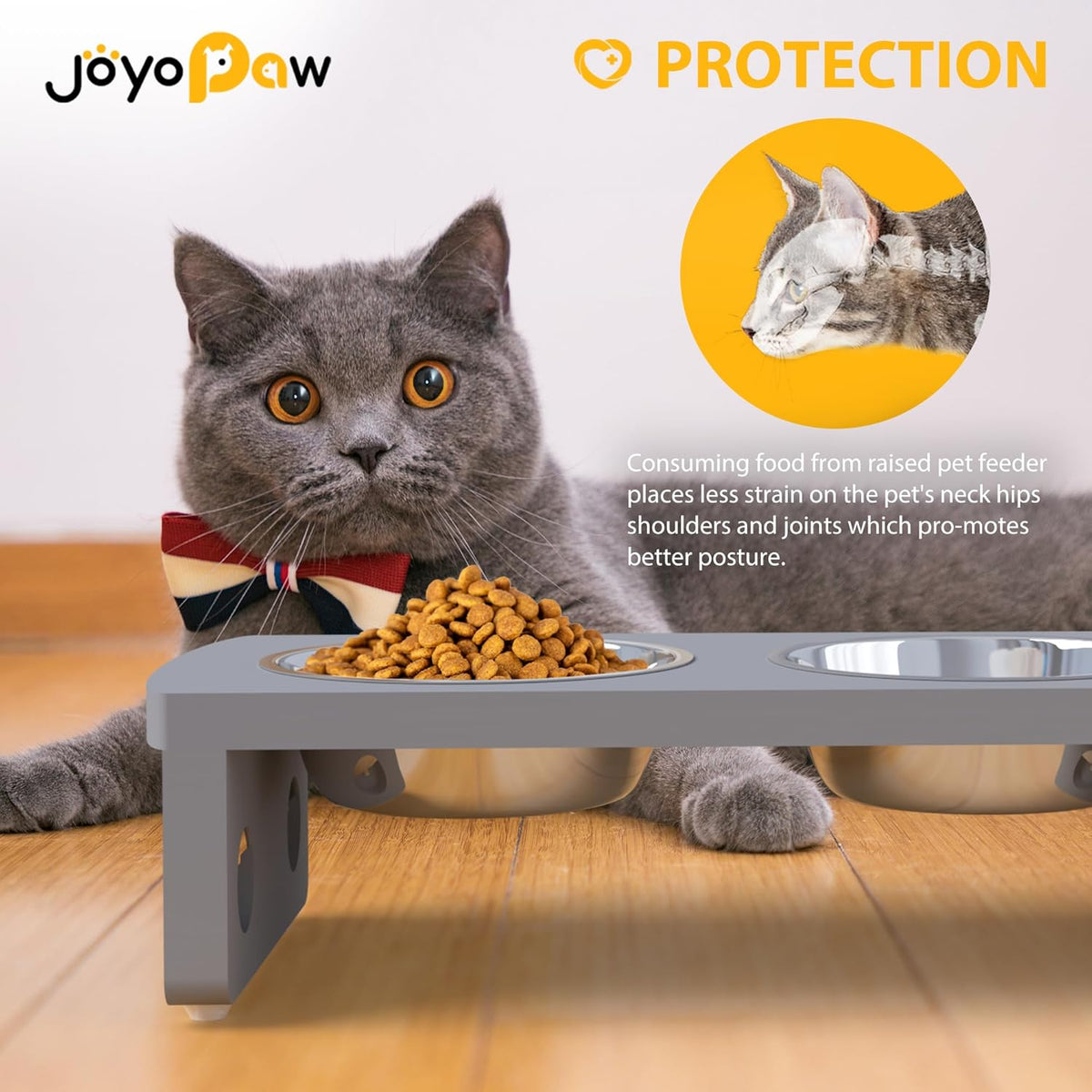 Elevated Dog Bowls, Bamboo Raised Dog Bowl for Small Dogs & Cats, with 2 Stainless Steel Bowls (4'' Tall-20oz Bowl, Grey)