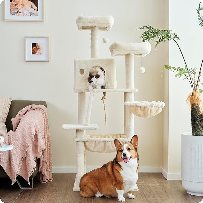 Ouritsu Cat Tree, 56 inch Tall Cat Tower for Large Cat Indoor, Large Condo, 2 Padded Perches, Steel-Framed Hammock, Scratching Post and ramp, Fluffy Basket, Beige, LF001WH