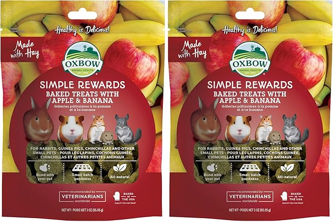 Oxbow Animal Health Simple Rewards Apple Banana Treats, Timothy Hay Guinea Pig & Bunny Treats, Pet Snack, Made Guinea Pig Hay, Made in USA, Timothy for Rabbit, 3 oz Bag (Pack of 2)