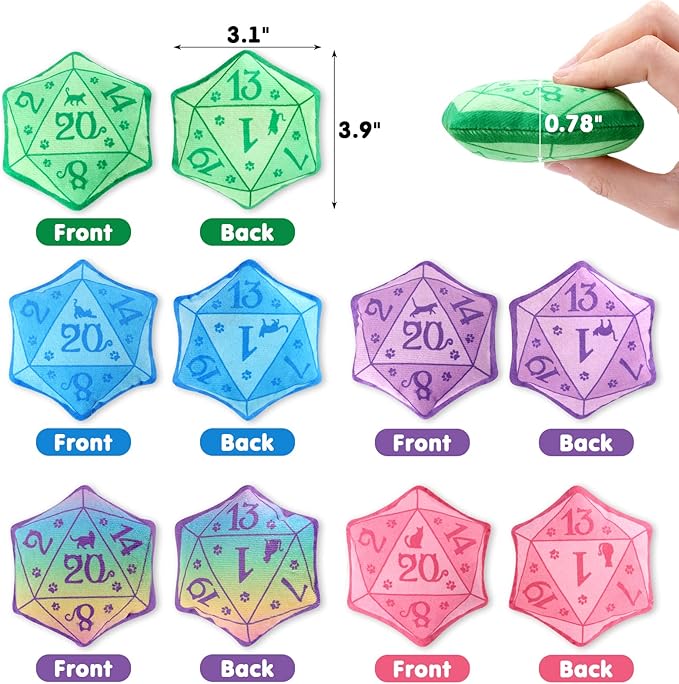 CiyvoLyeen D20 Dice Catnip Toy, DND Interactive Cat Toy Gifts for Role Playing Tabletop Game Soft Plush Funny Cute Kitten Teething Chew Pet Supplies Cat Lover Witchy Gift Idea Dnd Accessories Set of 5