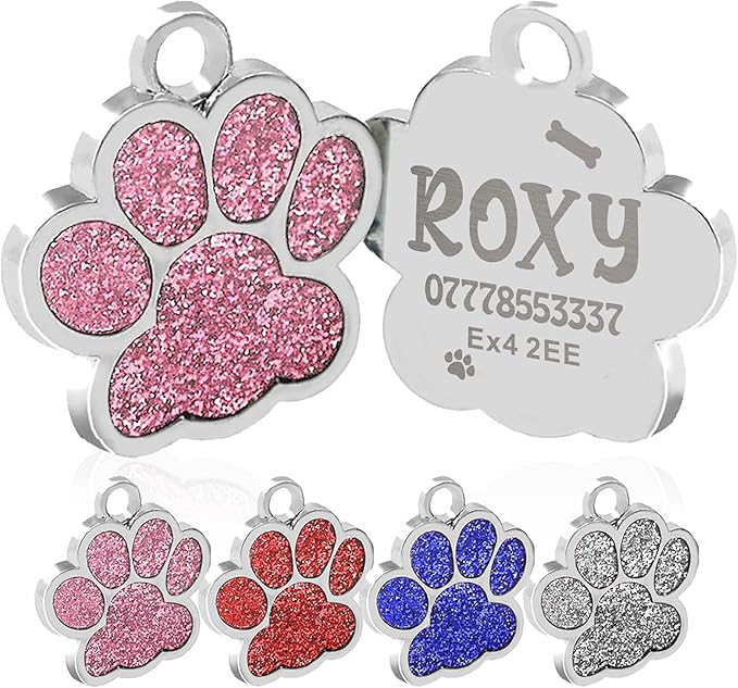 EDSG Cat Dog Tags Personalized for Pets, Dog Name Tags Cat Name ID Tag, Engraved Dog Tags Dog ID Tags Small Glitter Bling ID Tag Paw Print for Cat Pet Dog Puppy(Silver,Design 2)