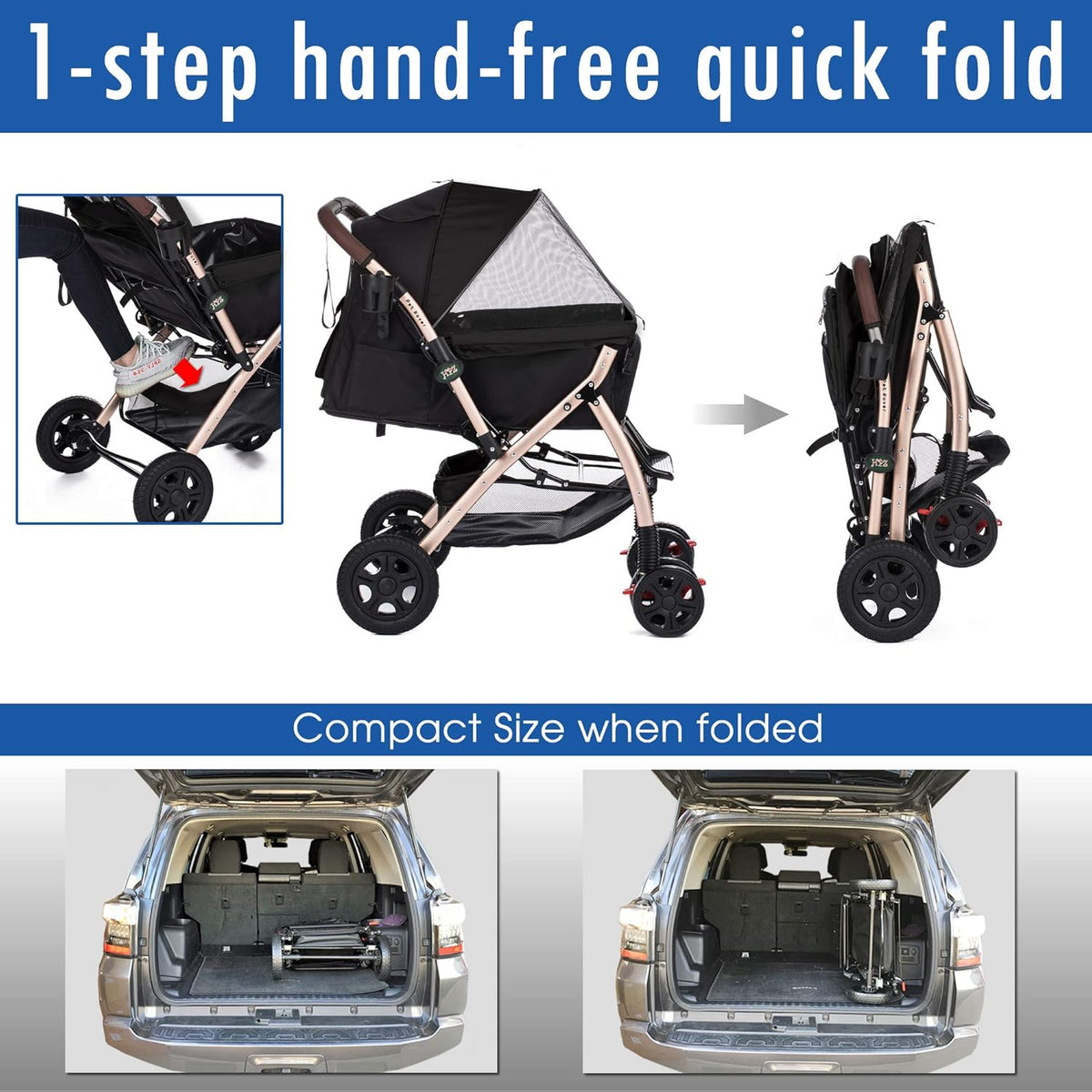 HPZ-PR America HPZ Pet Rover Premium Heavy Duty DogCat Stroller Travel Carriage CompartmentZipperless EntryPump-Free Rubber Tires Small, Medium, Large Pets (Black 2nd-Gen.), X-Large (Pack of 1)