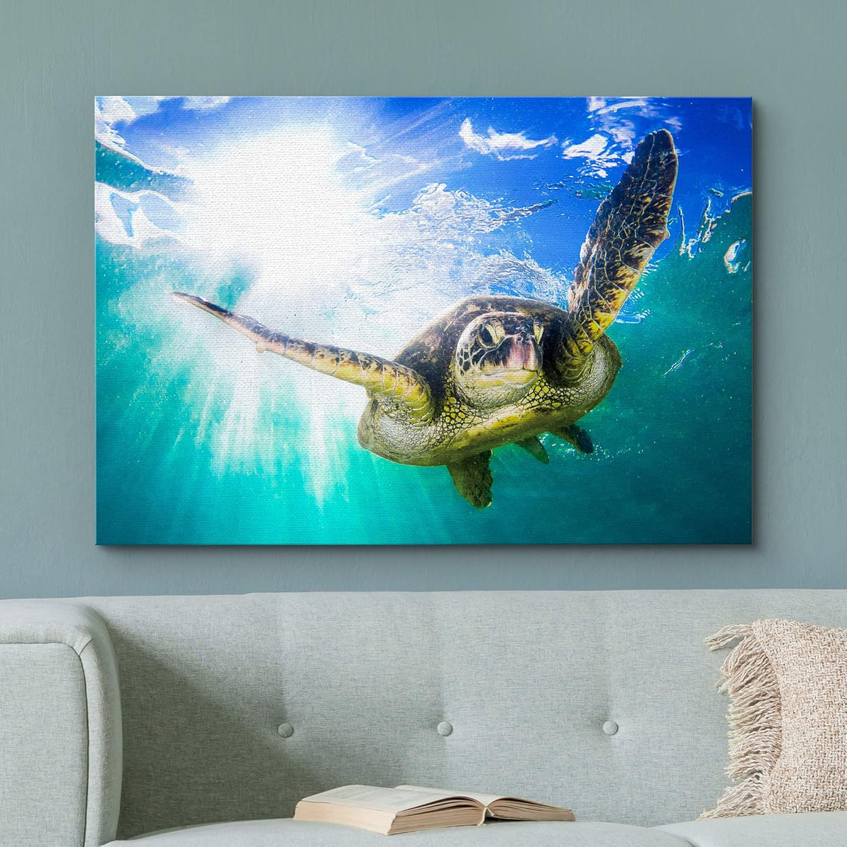 wall26 Canvas Print Wall Art Sunlight Tropical Ocean Underwater Turtle Nature Animals Photography Realism Rustic Scenic Landscape Wilderness Earth Colorful for Living Room, Bedroom, Office - 32"x48"