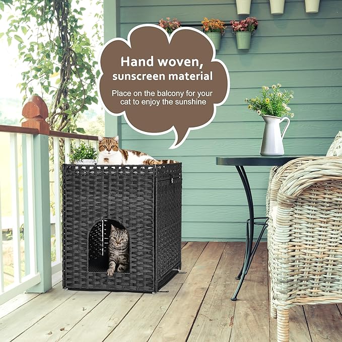 Cat Litter Box Enclosure with Soft Litter Mat; Hidden Cat Washroom Furniture with Door; Handwoven Rattan Cat House with Large Space; Pet Crate for Living Room, Bedroom, Balcony (Black)
