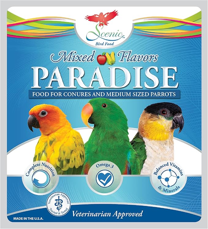 Scenic Mix Paradise Premium Parrot Food - Apple & Natural Flavors, High Protein, Low Iron Conure Bird Food, Eclectus & Other Small Pet Parrots, Omega 3, Vitamins & Minerals, 2 LB Bag